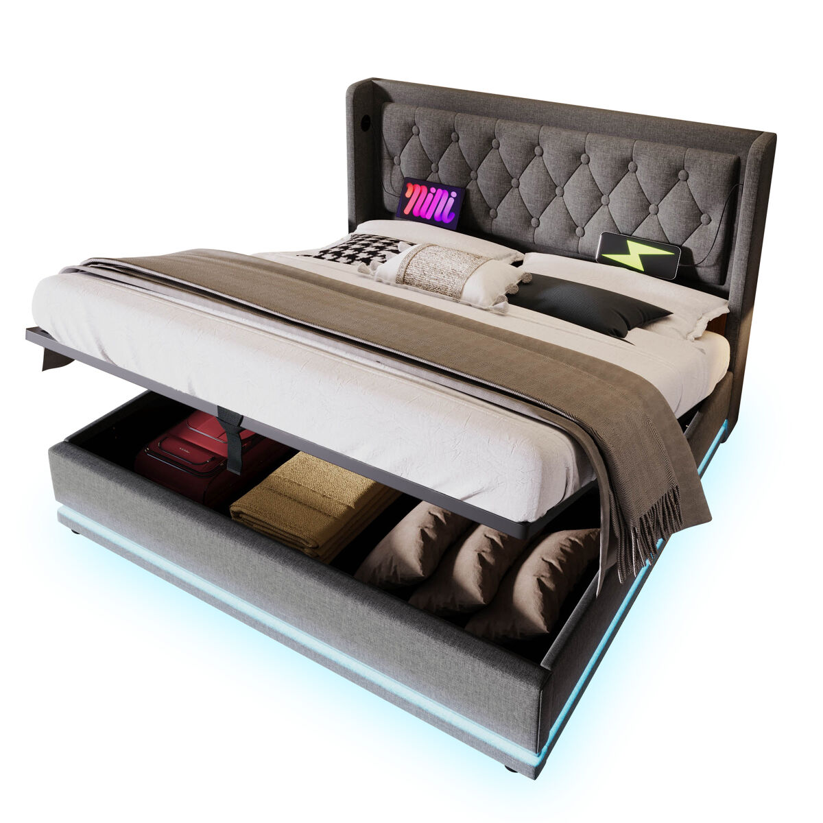 Cama de matrimonio de algodón con almacenaje 150x210 Gris