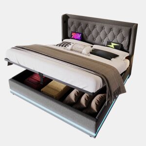 Cama de casal de algodão 140x200cm com armazenamento,luz led,cinzento