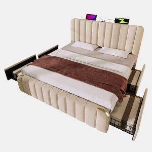 Cama de casal de linho 160x200cm com 4 gavetas,bege