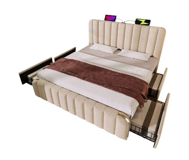 Cama de matrimonio de lino 160x200cm con 4 cajones,beige