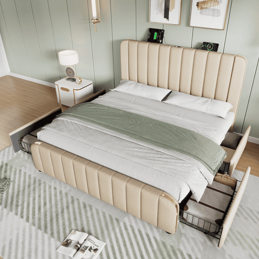 Cama de casal de linho 160x200cm com 4 gavetas,bege