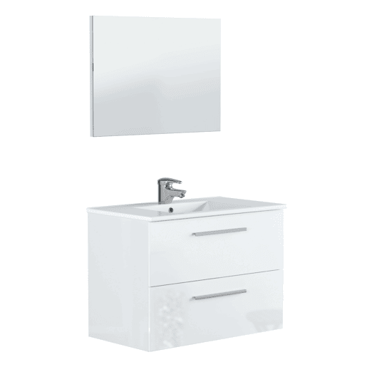 Armário de banheiro de parede estilo contemporâneo Aruba em branco com 2 gavetas e espelho 80x45x57 cm (pia de cerâmica)