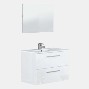 Armário de banheiro de parede estilo contemporâneo Aruba em branco com 2 gavetas e espelho 80x45x57 cm (pia de cerâmica)