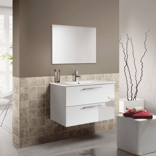 Armário de banheiro de parede estilo contemporâneo Aruba em branco com 2 gavetas e espelho 80x45x57 cm (pia de cerâmica)