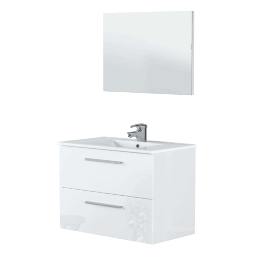 Armário de banheiro de parede estilo contemporâneo Aruba em branco com 2 gavetas e espelho 80x45x57 cm (pia de cerâmica)