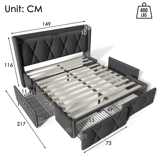 Cama de casal de linho 140x200cm com 4 gavetas,cinzento