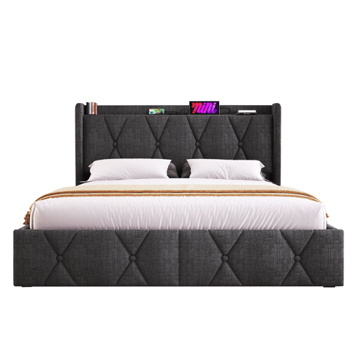 Cama de casal de linho 140x200cm com 4 gavetas,cinzento