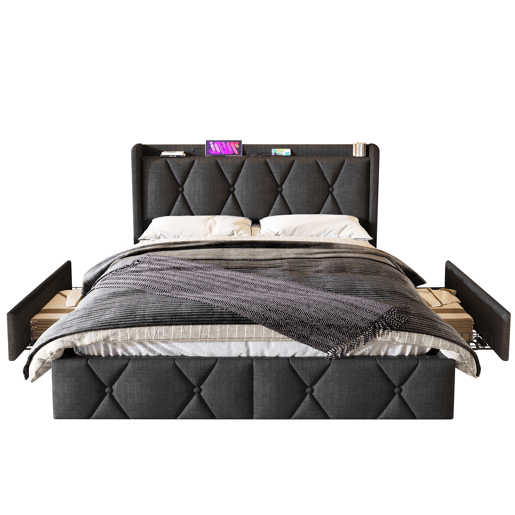 Cama de casal de linho 140x200cm com 4 gavetas,cinzento
