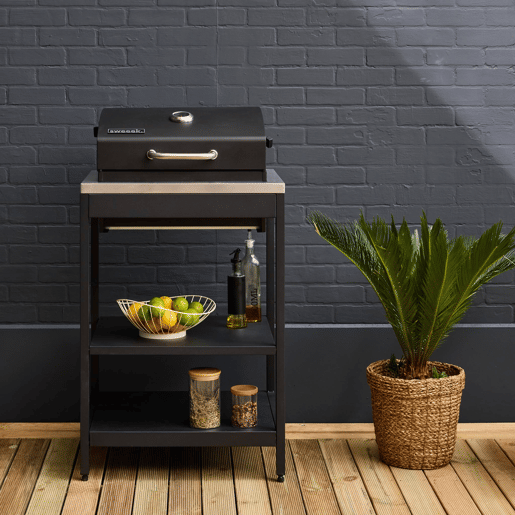 Barbecue a carvão aço inoxidável grade cromada com duas prateleiras, Naxos, Preto, 60x58.5x138 cm