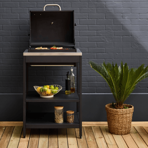 Barbecue a carvão aço inoxidável grade cromada com duas prateleiras, Naxos, Preto, 60x58.5x138 cm