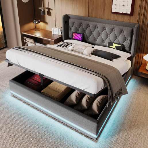 Cama de casal de algodão 160x200cm com armazenamento,luz led,cinzento