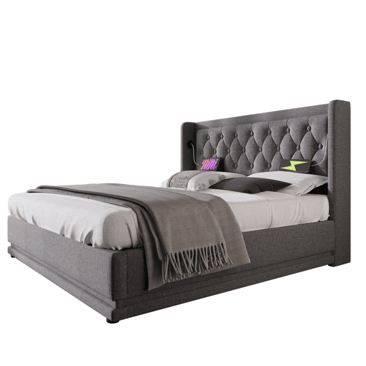 Cama de casal de algodão 160x200cm com armazenamento,luz led,cinzento