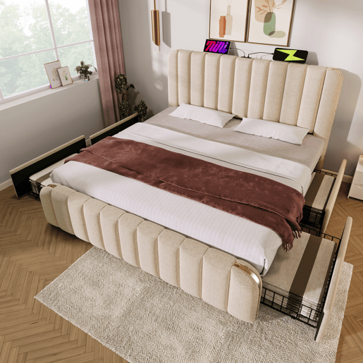 Cama de casal de linho 180x200cm com 4 gavetas,bege