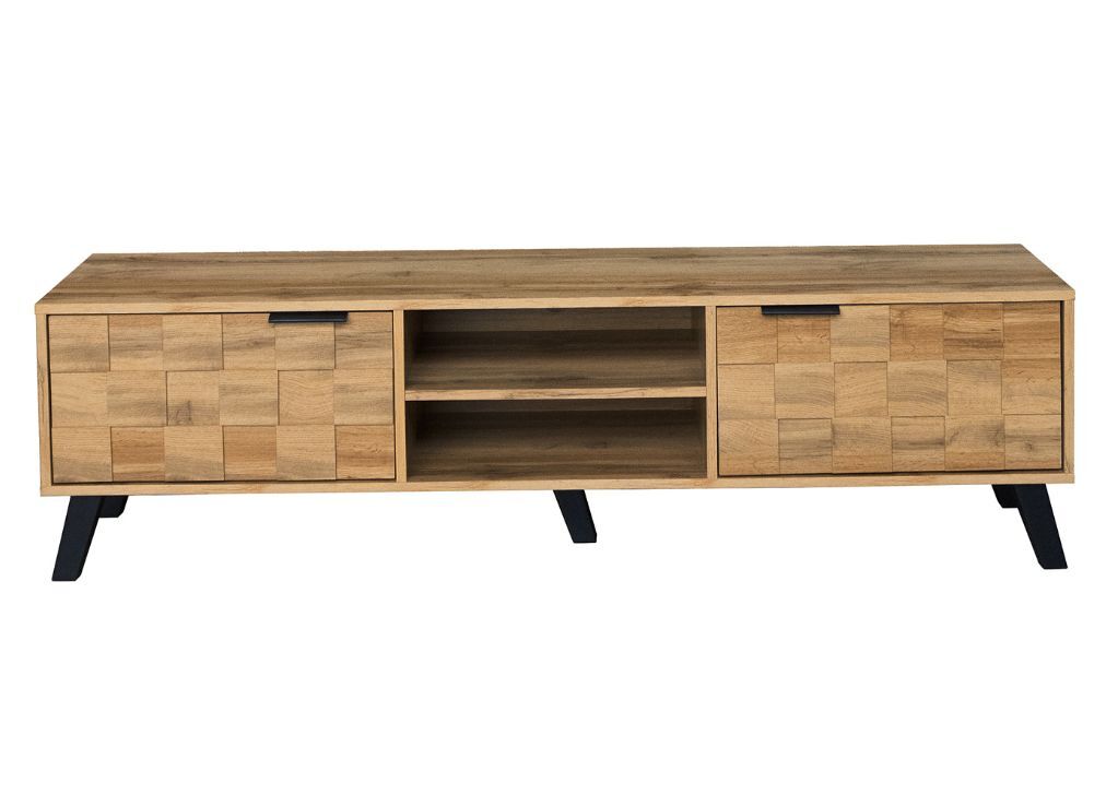 mueble de tv moderno efecto madera con 2 puertas y 2 compartimentos abiertos 160x35x45cm