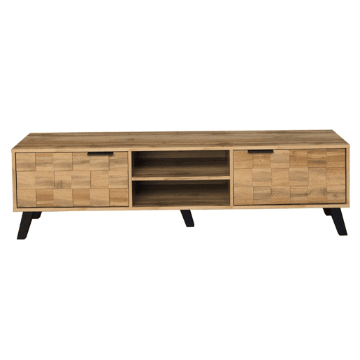 Móvel TV moderno com efeito madeira com 2 portas e 2 compartimentos abertos 160x35x45cm