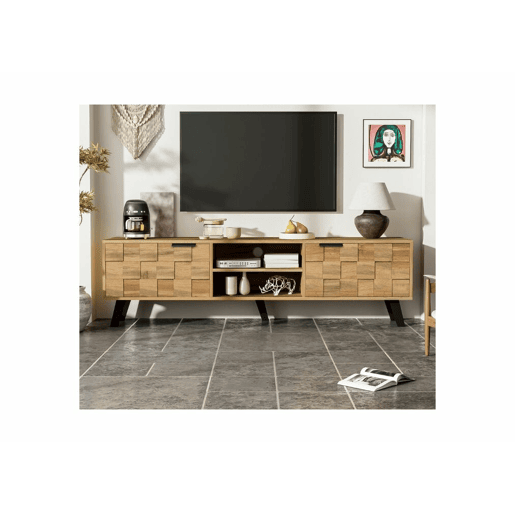 Móvel TV moderno com efeito madeira com 2 portas e 2 compartimentos abertos 160x35x45cm