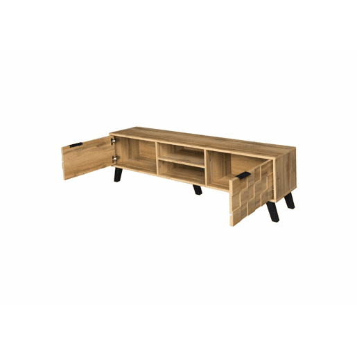 Móvel TV moderno com efeito madeira com 2 portas e 2 compartimentos abertos 160x35x45cm