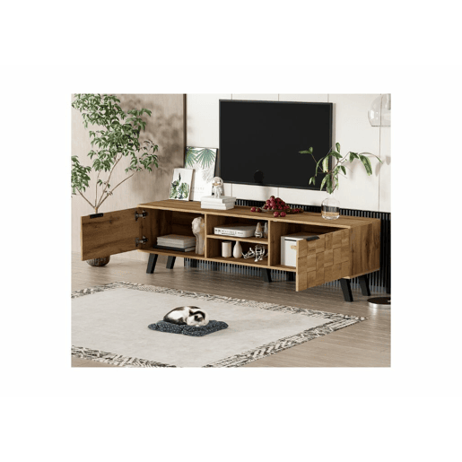 Móvel TV moderno com efeito madeira com 2 portas e 2 compartimentos abertos 160x35x45cm