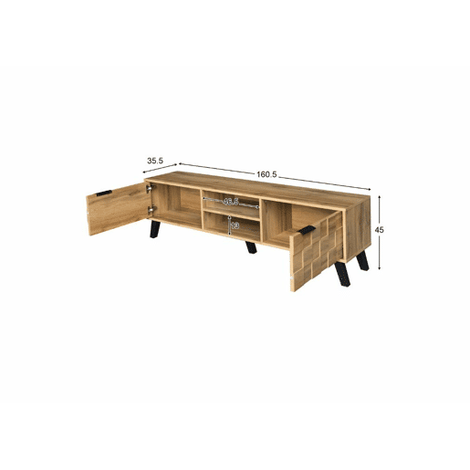 Móvel TV moderno com efeito madeira com 2 portas e 2 compartimentos abertos 160x35x45cm