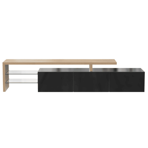Design moderno de armário de TV com aparência de madeira preta brilhante, iluminação LED, 3 portas articuladas e prateleiras de vidro para armazenamento