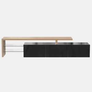Design moderno de armário de TV com aparência de madeira preta brilhante, iluminação LED, 3 portas articuladas e prateleiras de vidro para armazenamento