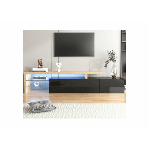 Design moderno de armário de TV com aparência de madeira preta brilhante, iluminação LED, 3 portas articuladas e prateleiras de vidro para armazenamento