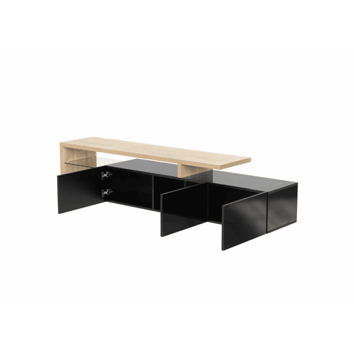 Design moderno de armário de TV com aparência de madeira preta brilhante, iluminação LED, 3 portas articuladas e prateleiras de vidro para armazenamento