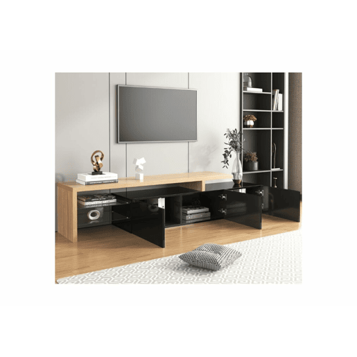 Design moderno de armário de TV com aparência de madeira preta brilhante, iluminação LED, 3 portas articuladas e prateleiras de vidro para armazenamento