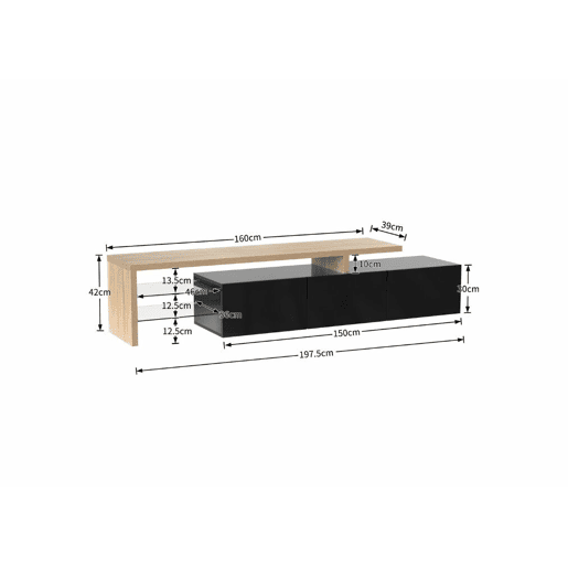Design moderno de armário de TV com aparência de madeira preta brilhante, iluminação LED, 3 portas articuladas e prateleiras de vidro para armazenamento