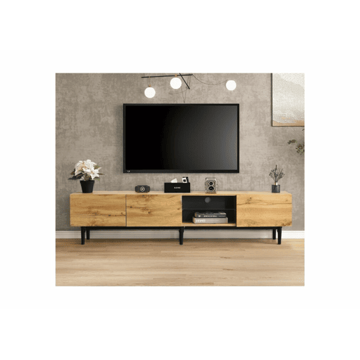 Suporte de TV moderno com efeito de grão de madeira e luzes LED reguláveis