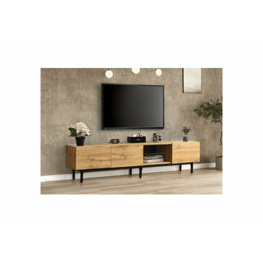 Suporte de TV moderno com efeito de grão de madeira e luzes LED reguláveis