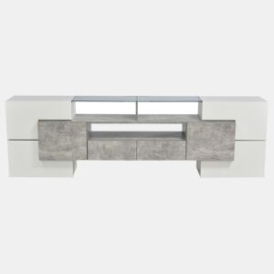 Elegante móvel de TV em branco brilhante com iluminação LED efeito cimento e superfície de vidro