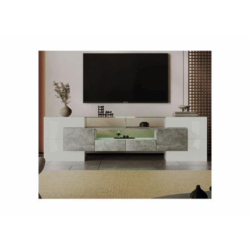 Elegante móvel de TV em branco brilhante com iluminação LED efeito cimento e superfície de vidro
