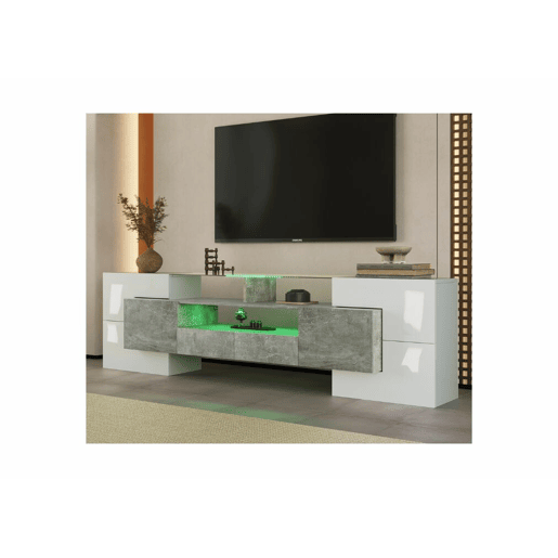 Elegante móvel de TV em branco brilhante com iluminação LED efeito cimento e superfície de vidro