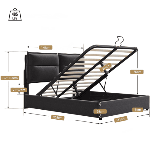 Cama de casal de veludo 140x200cm com armazenamento,preto