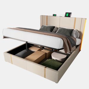 Cama de casal de linho 140x200cm com armazenamento,luz led,bege