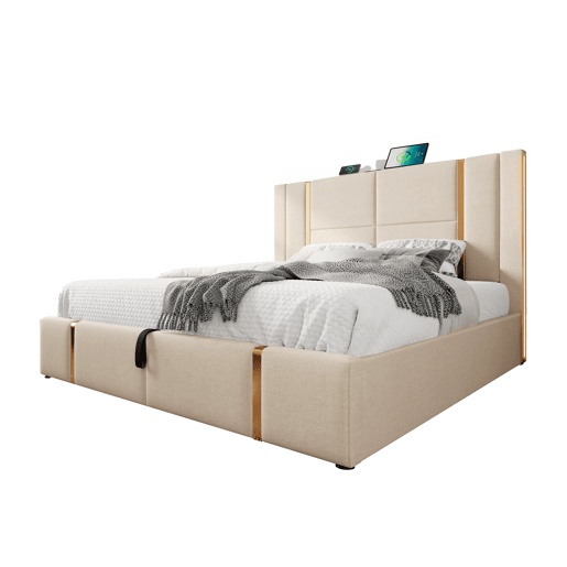 Cama de casal de linho 140x200cm com armazenamento,luz led,bege