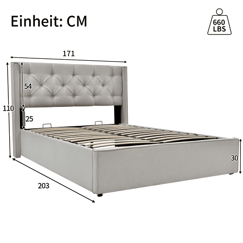 Cama de casal de algodão 160x200cm com armazenamento,cinza claro
