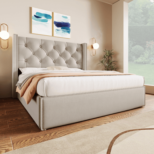 Cama de casal de algodão 160x200cm com armazenamento,cinza claro