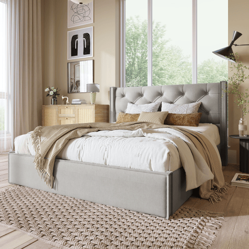 Cama de casal de algodão 160x200cm com armazenamento,cinza claro