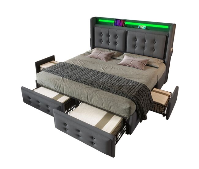 Cama de matrimonio de algodón y lino con 4 cajones 148x220