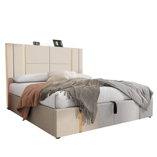 Cama de casal de linho 180x200cm com armazenamento,luz led,bege