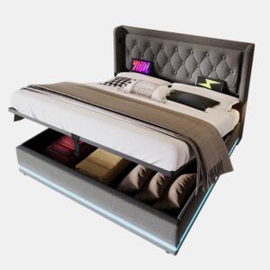 Cama de casal de algodão 180x200cm com armazenamento,luz led,cinzento