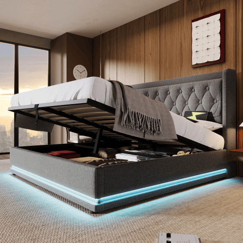 Cama de casal de algodão 180x200cm com armazenamento,luz led,cinzento