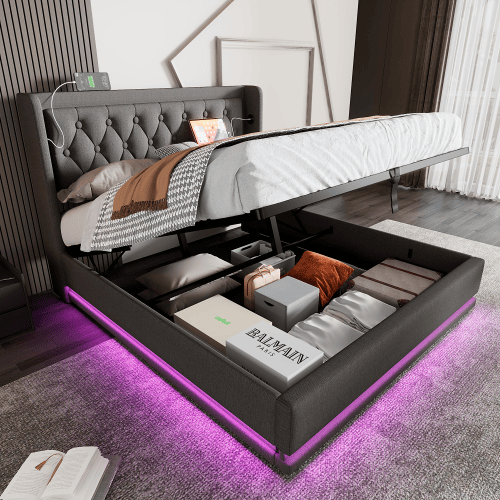 Cama de casal de algodão 180x200cm com armazenamento,luz led,cinzento
