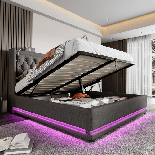 Cama de casal de algodão 180x200cm com armazenamento,luz led,cinzento