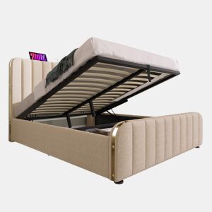 Cama de casal de linho 140x200cm com armazenamento,bege