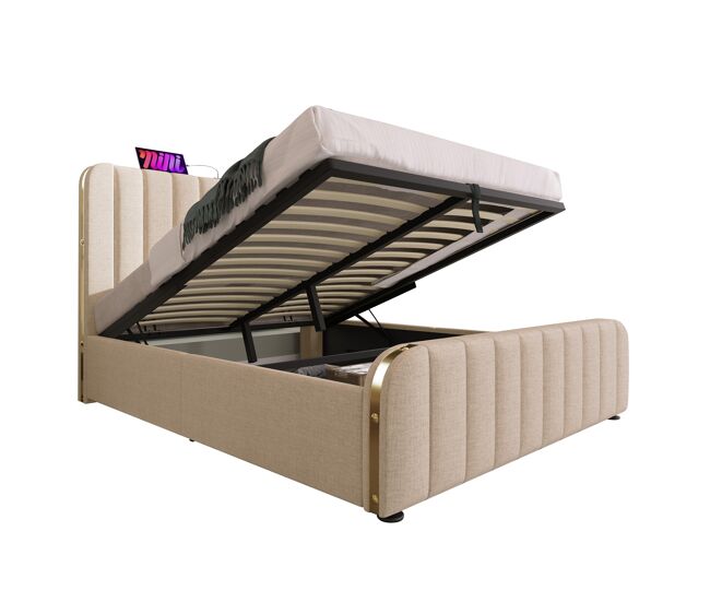 Cama de matrimonio de lino 140x200cm con almacenaje,beige