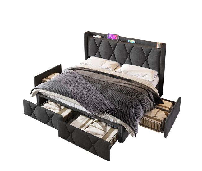 Cama de matrimonio de lino 160x200cm con 4 cajones,gris