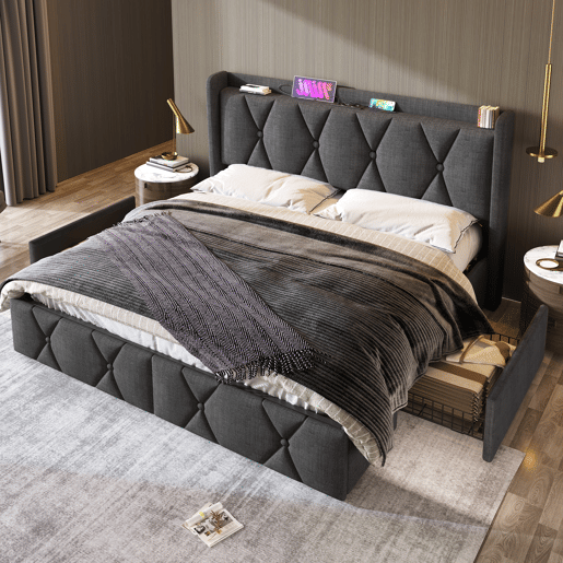 Cama de casal de linho 160x200cm com 4 gavetas,cinzento
